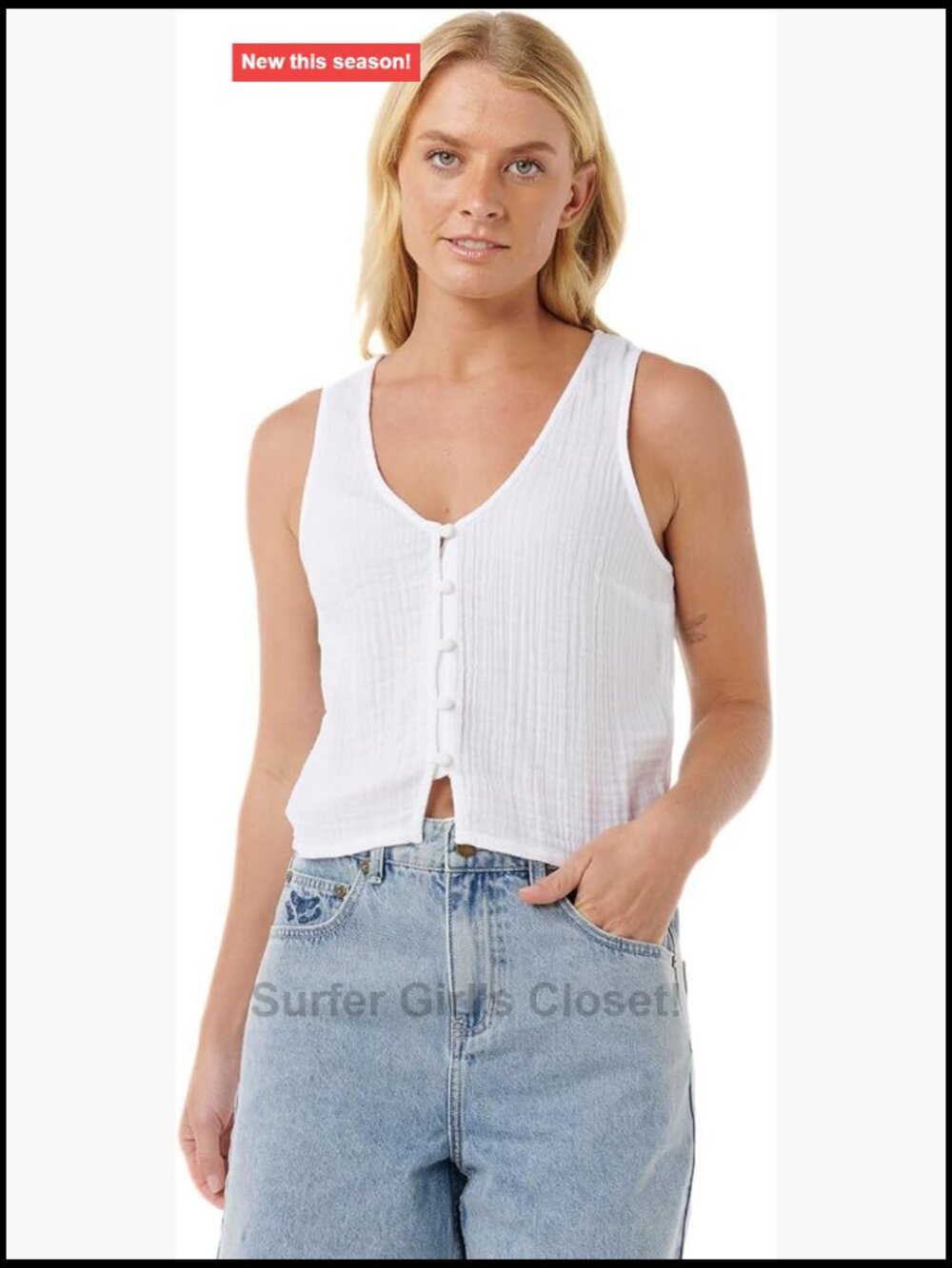100% Cotton Womens Premium Surf Tank Top Button Front White